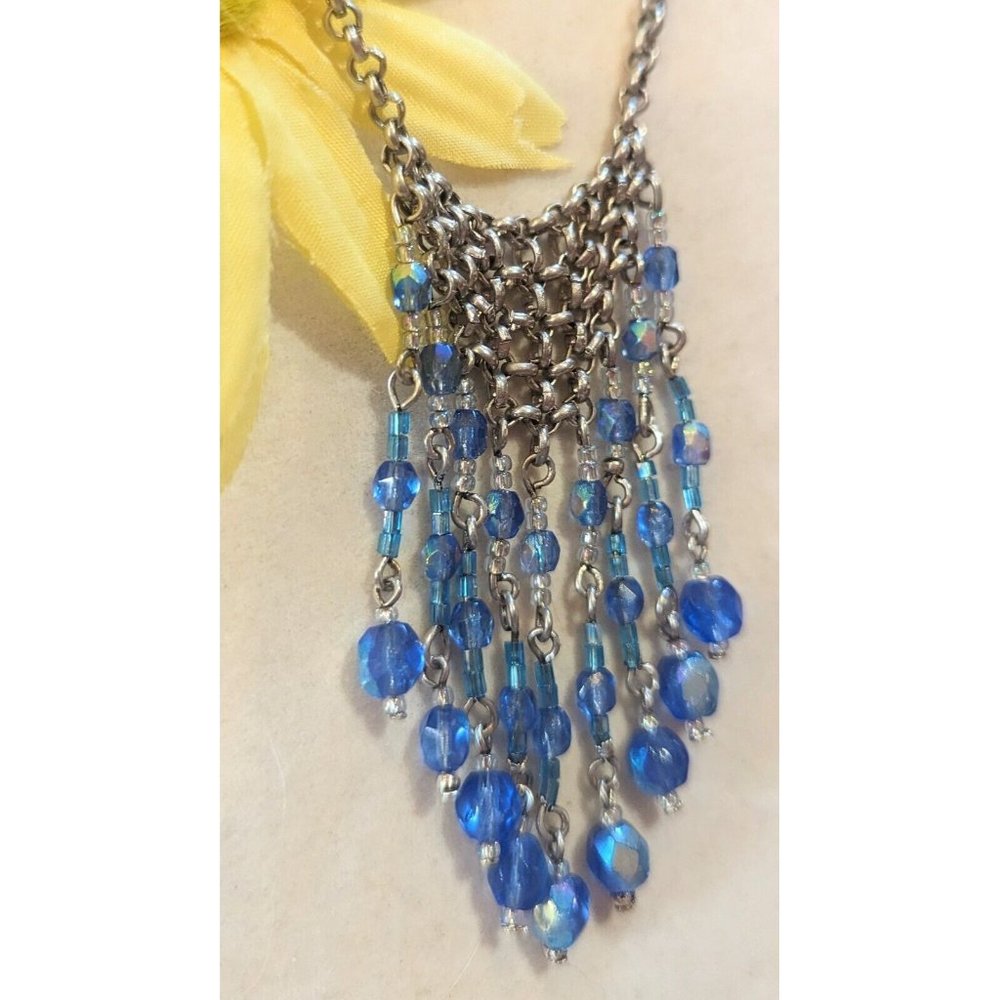 Silver Tone AB Blue Rhinestone Statement Necklace Faceted Beads Waterfall 18"